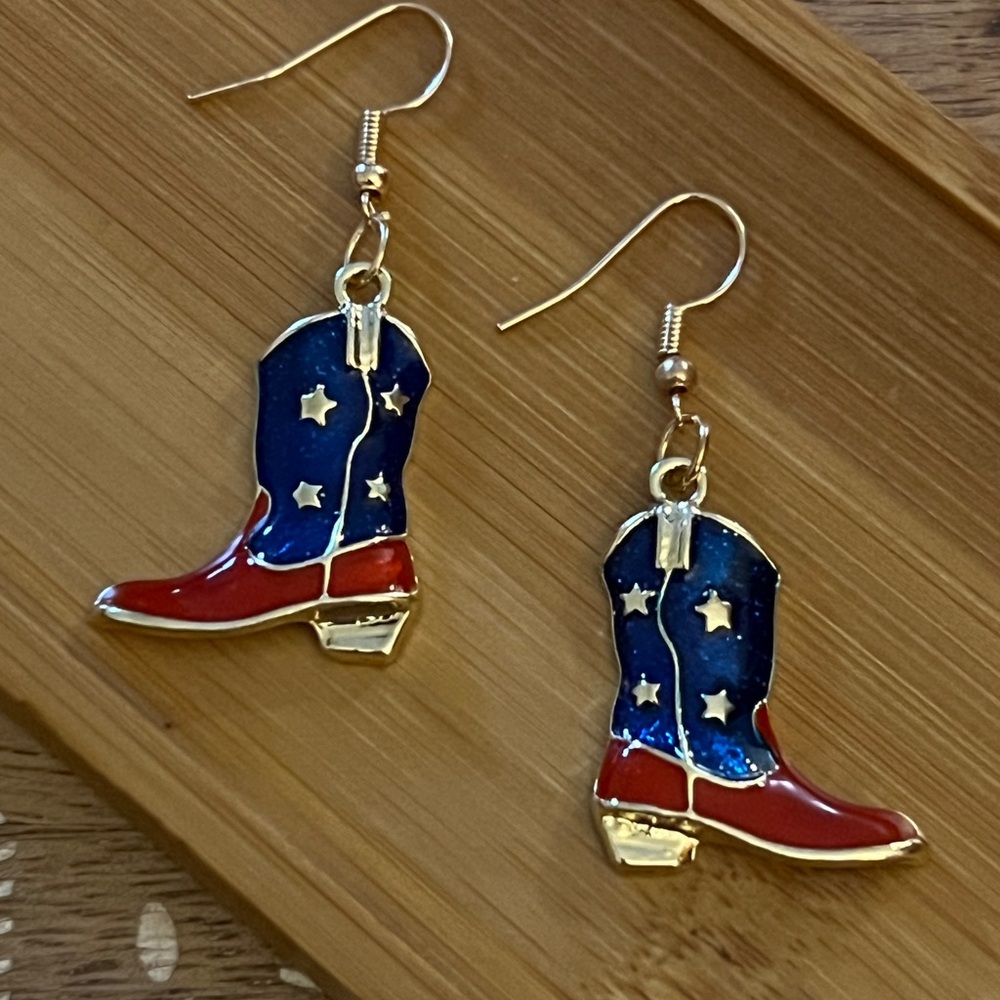 New Adorable Patriotic Enamel & Stainless Steel Cowboy Boot Earrings